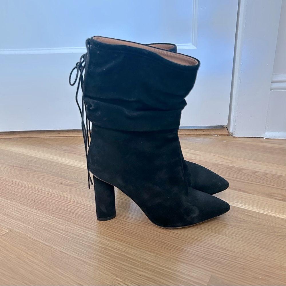 IRO Black Suede Ankle Boots Pointed Toe Block Heel Lace Back Size 36 / US 6